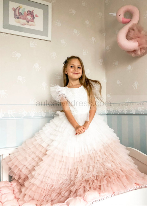 White Pink Ruffle Tulle Feather Flower Girl Dress